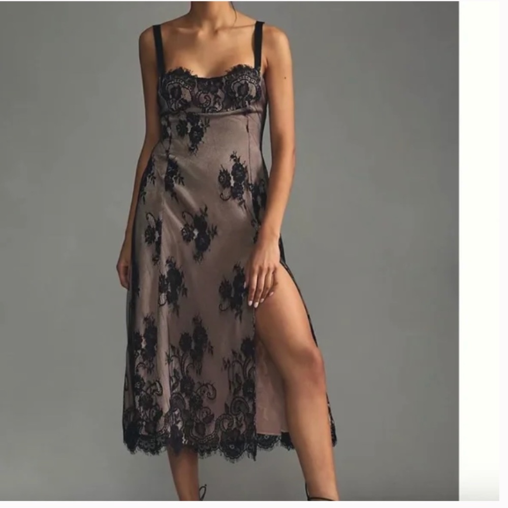 Lace Side-Slit Floral Classy Party Chic Glam Girly Midi Elegant Slip Dress - Picture 1 of 5